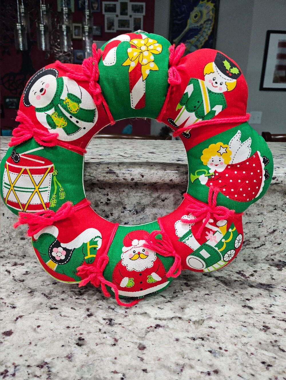Homemade Reversible Fabric Puff Holiday Christmas Wreath 12"